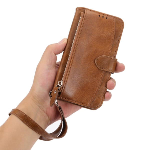 Fodral för iPhone 14 6.1 Brunt armband crossbody dragkedja Flip Plånbok med Korthållare Rem Plånbok med Korthållare