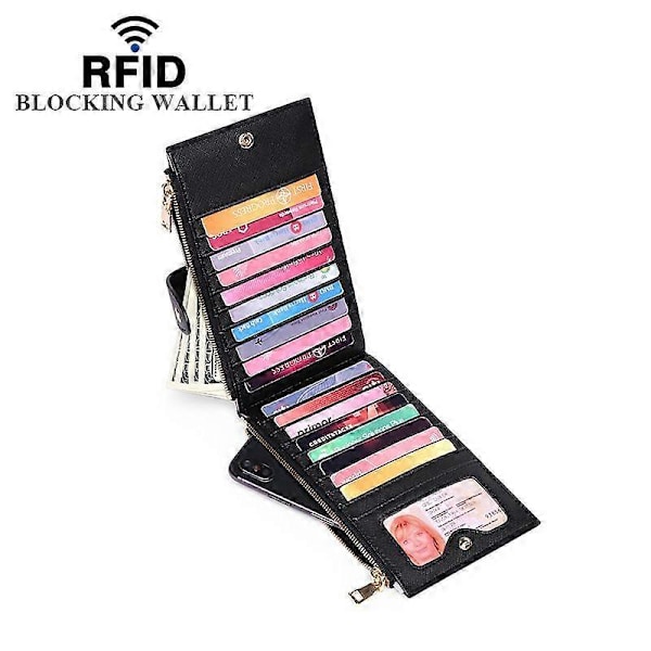 Dame Ægte Læderpung RFID-Blokerende Kreditkort Holder Lynlåspung Mobiltelefon Håndtaske - Sort