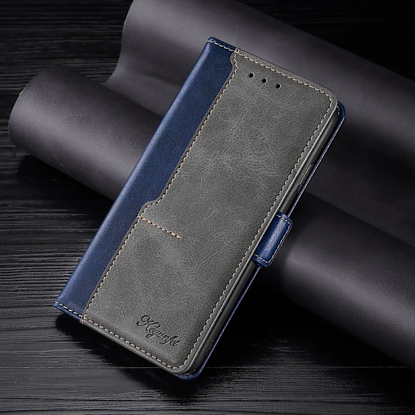 Etui til iPhone 15 Plus Blå+Grå Wallet med Kortholder Flip Kalveskind