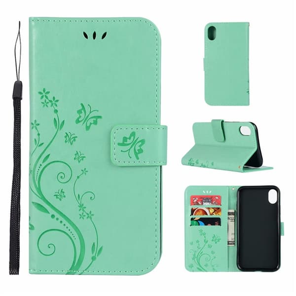Etui til iPhone SE 4 Mintgrøn Pung med Kortholder Flip Sommerfugl 3D Præget