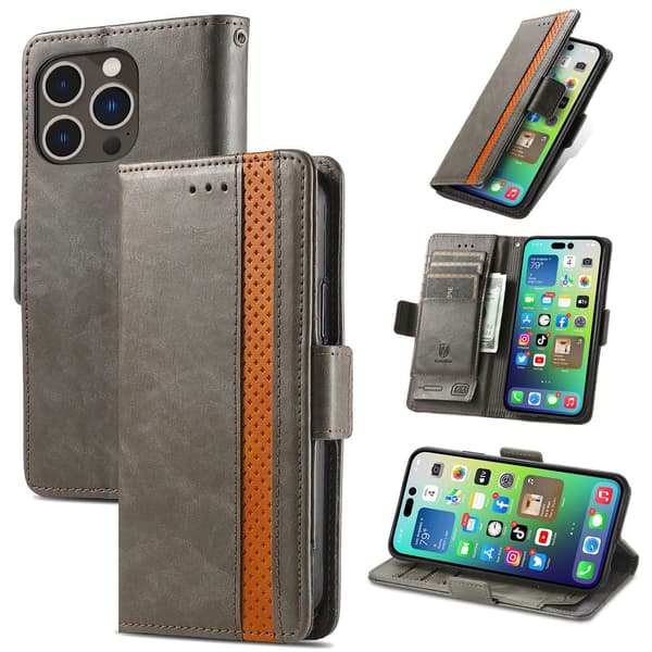 Etui til iPhone 16 Plus grå Flip Wallet med kortholder, stativ, business