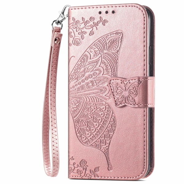 Kotelo iPhone 13 Mini Ruusukulta kaulanauhalla Flip 3D Kohokuvioitu nahka