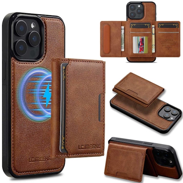 Fodral för iPhone 16 Pro Max Brun (enkelt kortpaket) magnetisk korthållare stativ RFID-blockering
