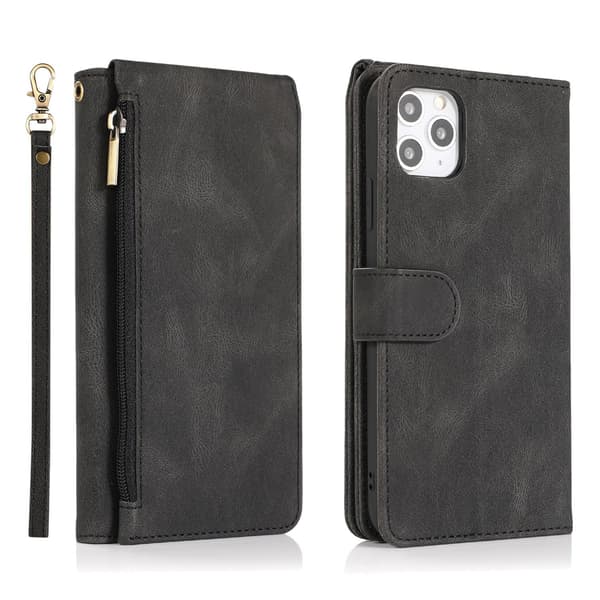 Etui til iPhone 13PRO sort Soft-Touch Multi-Card Lynlåspung med Kortholder