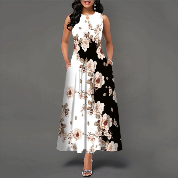 Ärmlös damklänning med blommig print svängklänning Bohemisk retro lång klänning WX-2# XXXL