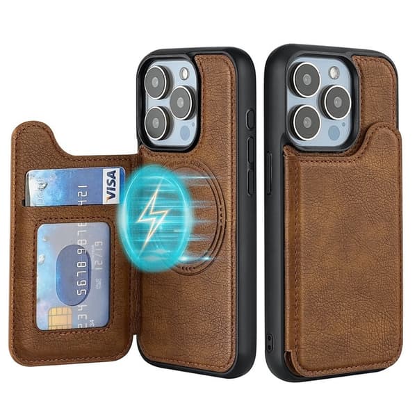 Etui til iPhone 14 Pro Max Lys Brun Magnetisk Lommebok med Kortholder