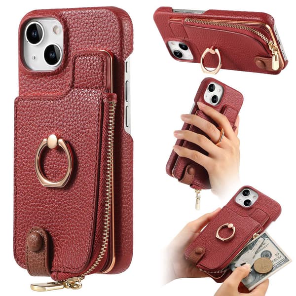 Etui til iPhone 13 Sinus rød Pebbled Plain Ring Wallet med kortholder