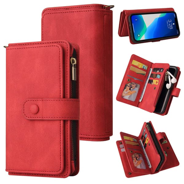 Etui til iPhone 13 Pro Max 6.7 Lyse Rød Soft-Touch lynlås Rem Pung med Kortholder Flip