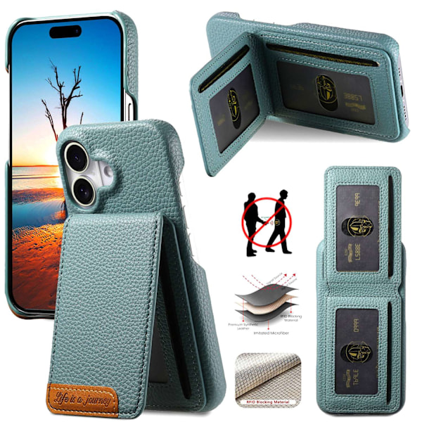 Etui til iPhone 15 Pro Max blå Pebbled Wallet med kortholder og stativ