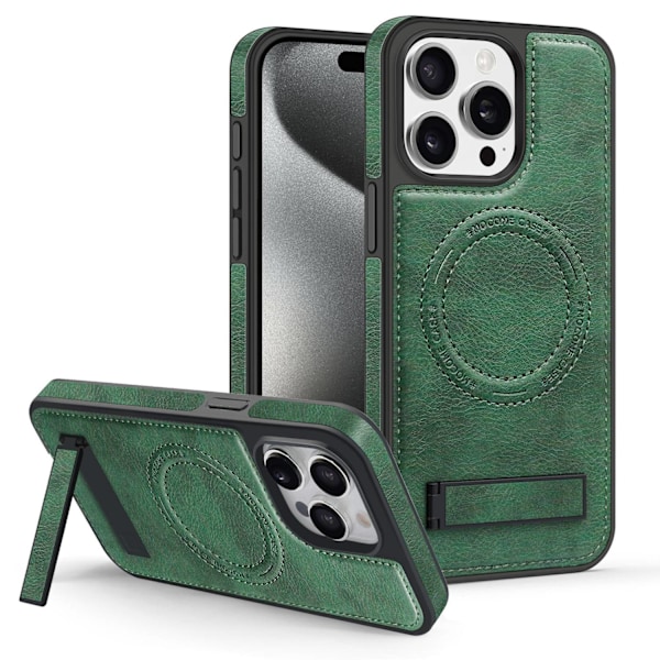 Fodral för iPhone 15PRO grönt läder Magnetiskt helkroppsstativ