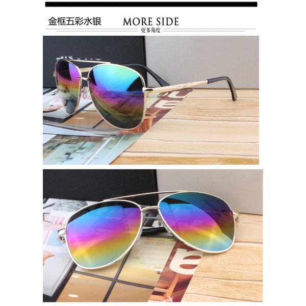 Mode Solglasögon med stor ram UV-skydd Färgfilm Modesolglasögon Metal Aviator Solglasögon Gold frame colorful film