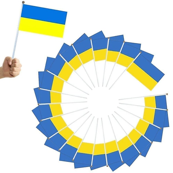 Ny 100 st Ukraina Stick Flagga, 14x21cm handhållen miniflagga med vit stång