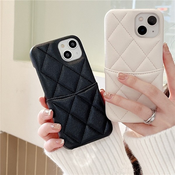 Fodral för iPhone 16plus Svart Neutral ins Diamant Lyxigt Pebbled läder Texturerad Plånbok med Korthållare