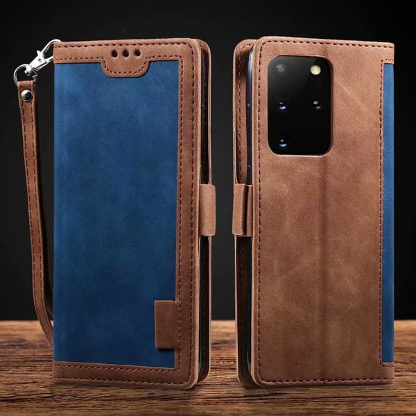 Etui til iPhone 13 blå Retro Mixed Media Wallet med kortholder Flip