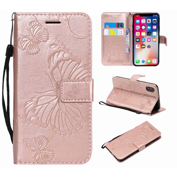Etui til iPhone 16e/SE4 Rosaguld 3D Præget Sommerfugl Præget Tegnebog med Kortholder Flip