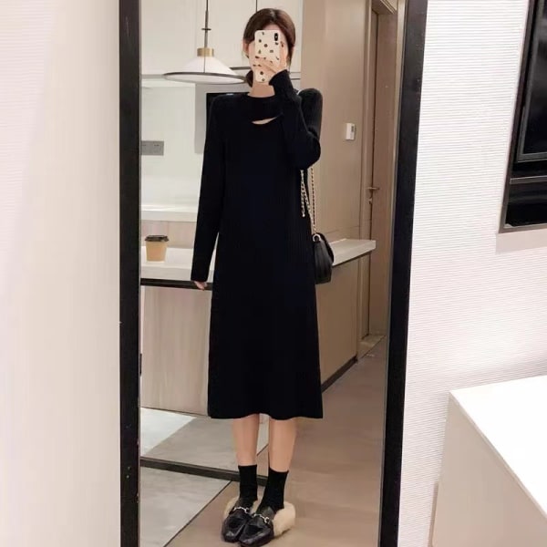Högklassig kappa Innerklänning Vit stickad tyg bottenklänning för kvinnor yllekjol Black Average size
