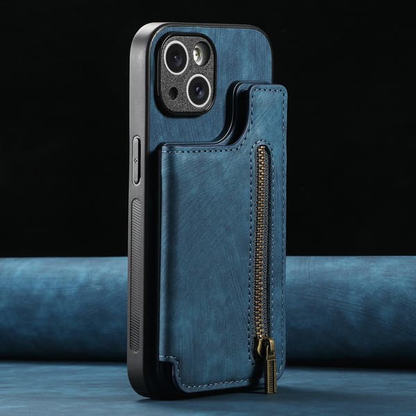 Etui til iPhone 15 Pro Max blå Retro Flip Kortholder Glidelås Lommebok med Kortholder