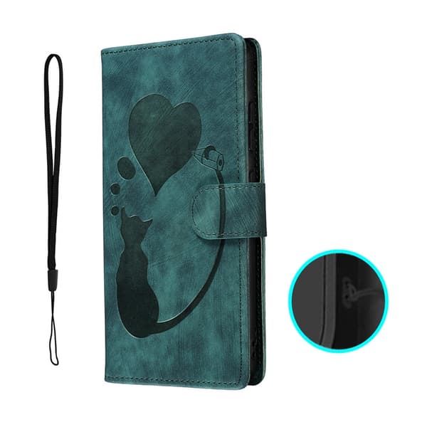 Etui til iPhone 16 Plus Grøn-Præget Kat Hjerte Læder Etui Kat Hjerte 3D Præget Flip Wallet med Kortholder