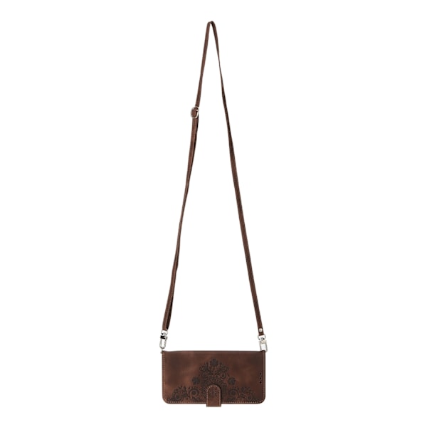 Fodral för iPhone 13mini Brun + axelrem Soft-Touch Crossbody Korthållare 3D Präglad Magnetisk Plånbok med Korthållare