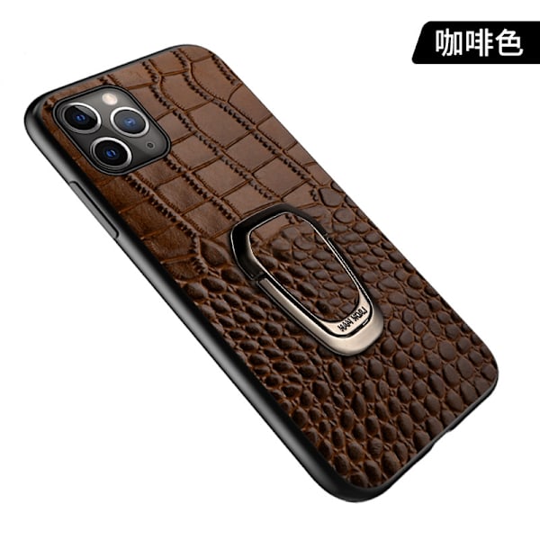 Kotelo iPhone 14 Prolle, ruskea kokonahkainen krokotiilikuvioinen magneettijalusta nahkatarroilla, yksiosainen