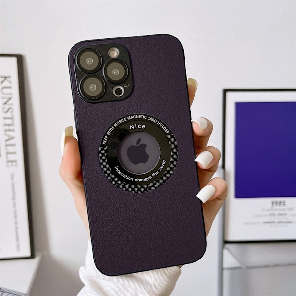iPhone 14 -kotelo, tumman violetti, magneettinen, puuttuva etiketti, kivetty nahka, linssisuoja, kokovartalo