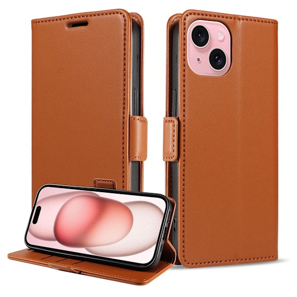 Kotelo iPhone 15 Pro Max -puhelimelle, ruskea lompakko korttipidikkeellä ja läpällä