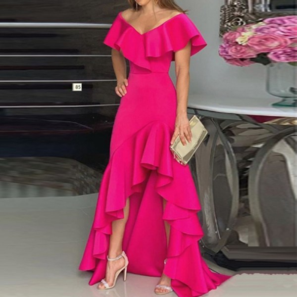 Pure Color Temperament V-ringad Volang Irregular Dress Rose Red 3XL