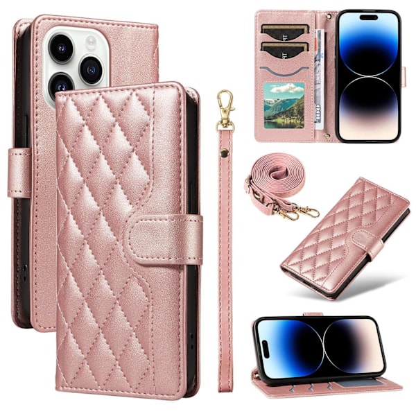 Kotelo iPhone 16 Plus -puhelimelle, ruusukulta + pitkät ja lyhyet narut, muoti-ins, lompakko korttipidikkeellä, crossbody