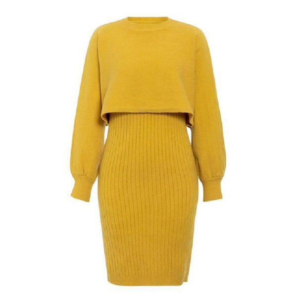 Stickad klänning tvådelad set Idle Style Fashion Pure Color Cover Yellow Average size