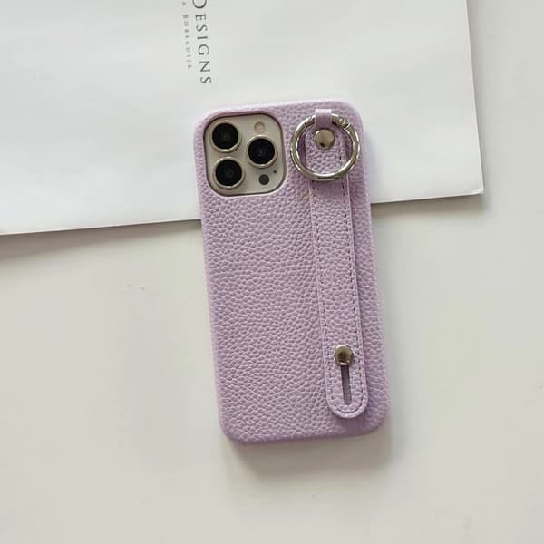 Etui til iPhone 15, stativ, skinntekstur, lilla