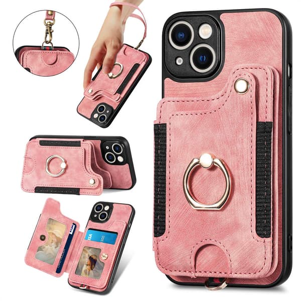 Etui til iPhone 14 Pro Rosa [med lærrem] RFID-blokkerende ringkortholder
