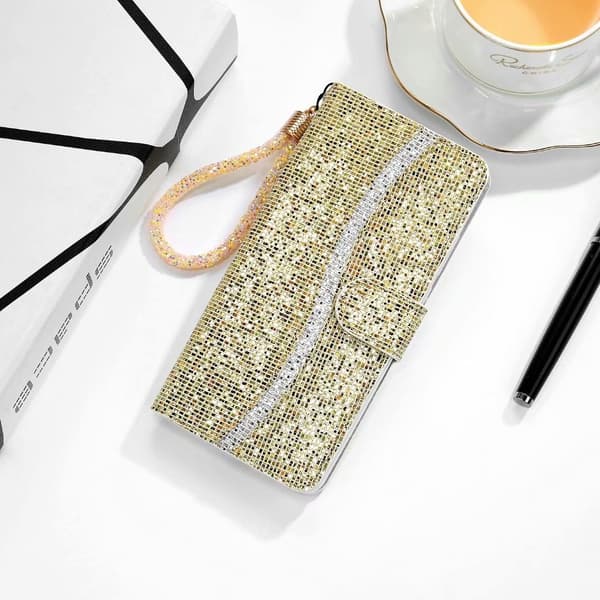 Etui til iPhone 13 Pro Max gull Glitter Flip Diamant Lommebok med Kortholder