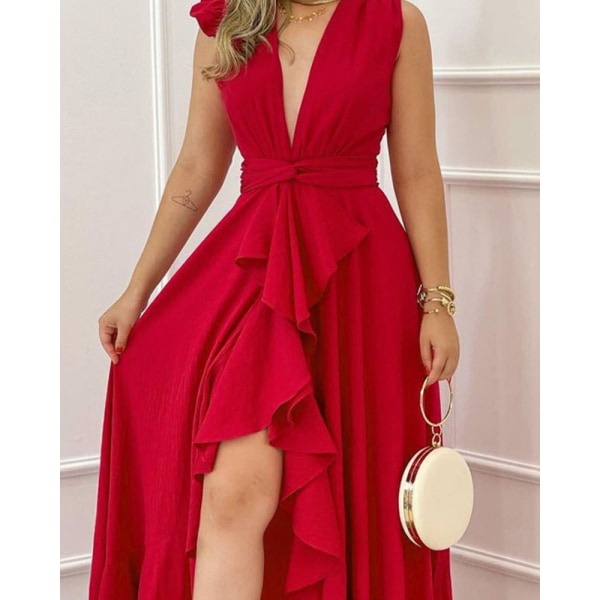 Röd lång klänning med hög midja med print inuti Temperament Pendla ärmlös rem typ Red L