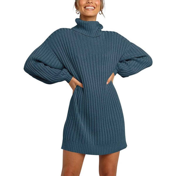 Enfärgad turtleneck Lantern Långärmad mellanlång stickad klänning Blue XXL