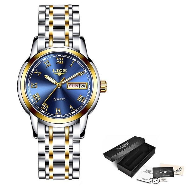 Mode Lyx rostfritt stål Kalender Sport Quartz Dam Vattentät Gold blue