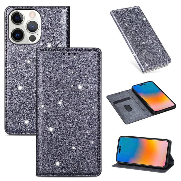 Etui til iPhone 15 6.1 grå glitter Magnetisk Flip Wallet med Kortholder