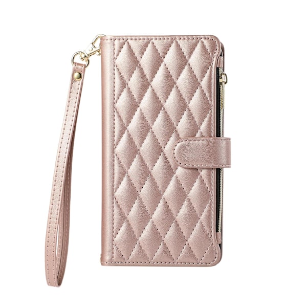 Fodral för iPhone 15Promax Roséguld + kort armband Diamant ins dragkedjeväska Ställ Plånbok med Korthållare