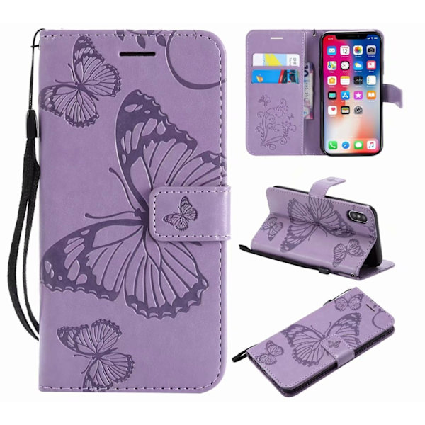 Etui til iPhone 16 Pro Lilla 3D Præget Sommerfugl Præget Tegnebog med Kortholder Flip