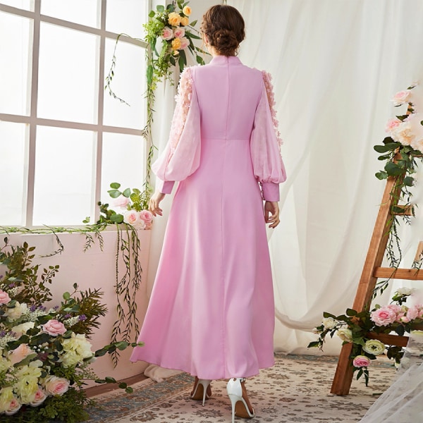 Fashion Applique Bubble långärmad klänning med stor fåll Pink L