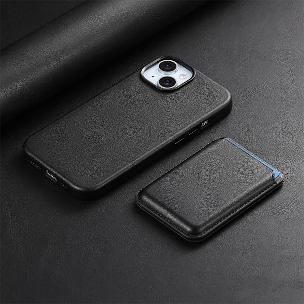 Etui til iPhone 16 Sort [to-delt sæt] Officielt magnetisk læder med stander og kortemballage