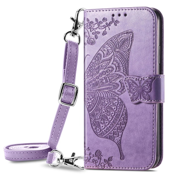 Etui til iPhone 15 Lys Lilla Crossbody midje lang Stropp Lommebok med Kortholder i lær