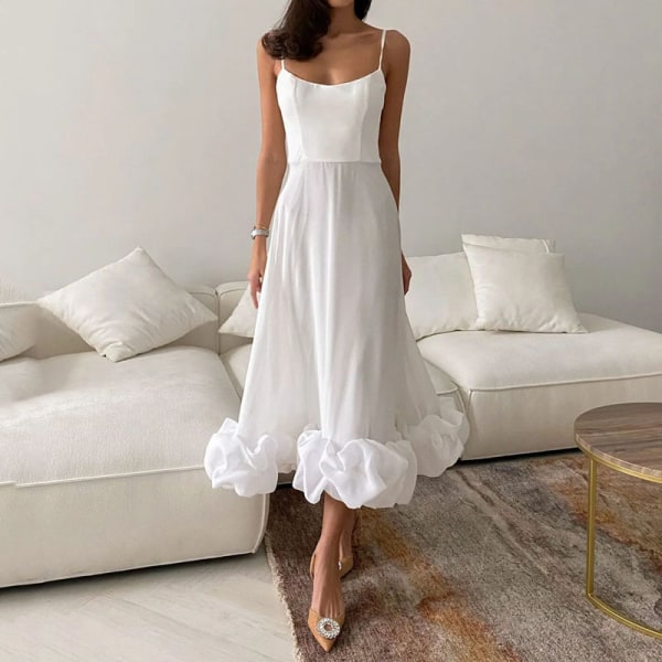 Lång klänning Sling Stor kjol Enfärgad Klänning med rund hals White M