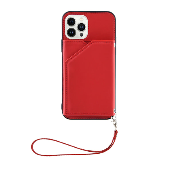 Punainen iPhone 14 Pro Max -kotelo (rannekorulla), pehmeäpintainen korttipidikehihna, monikorttinen crossbody-korttipidike