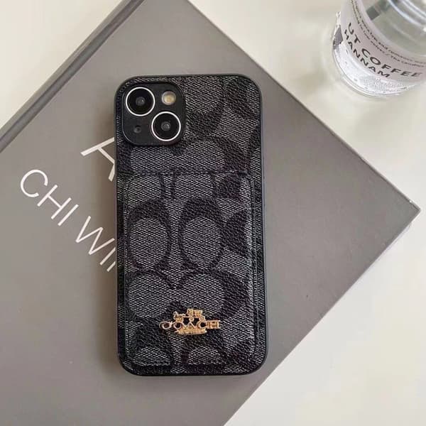 Fodral för iPhone 16 Plus svart lädertextur korthållare Lyx