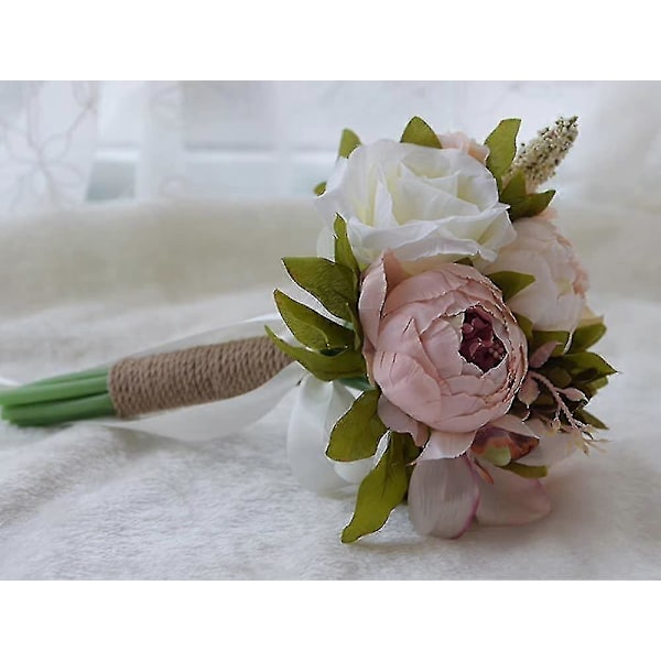 Brudepike Bryllupsbukett, Kunstige Silkeroser og Peoner Vintage Rustikk Stil Satengroser Bryllupsblomst