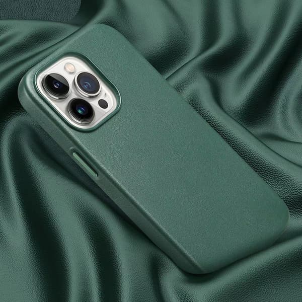 Etui for iPhone 14 Pro Max magnetisk, grønt skinn, magnetisk offisielt
