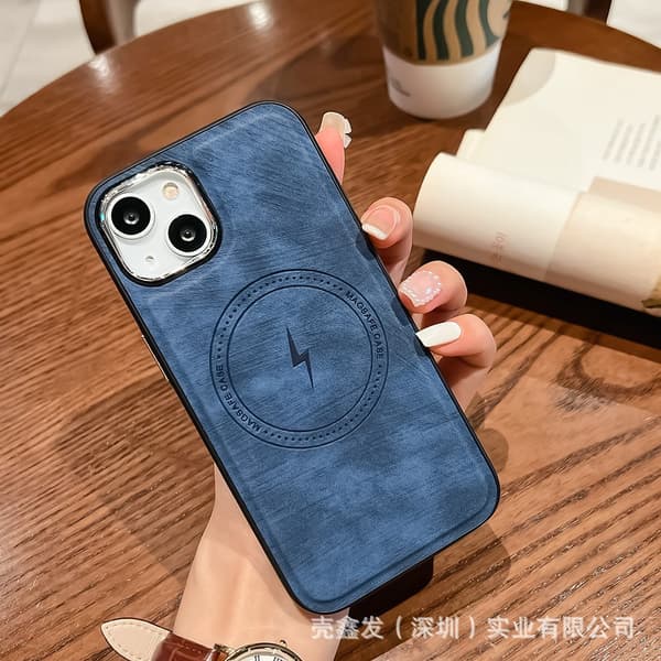 Etui til iPhone 15PLUS Safirblå Elektroplettering læder Magnetisk Trådløs opladning