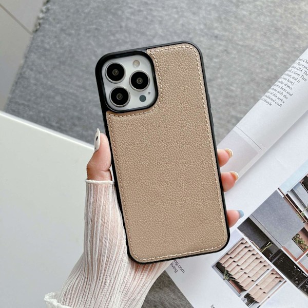 Etui til iPhone 13 Pro Max Litchi mønster 2 i 1 syning khaki klassisk Pebbled læder tekstur par Fuld krop