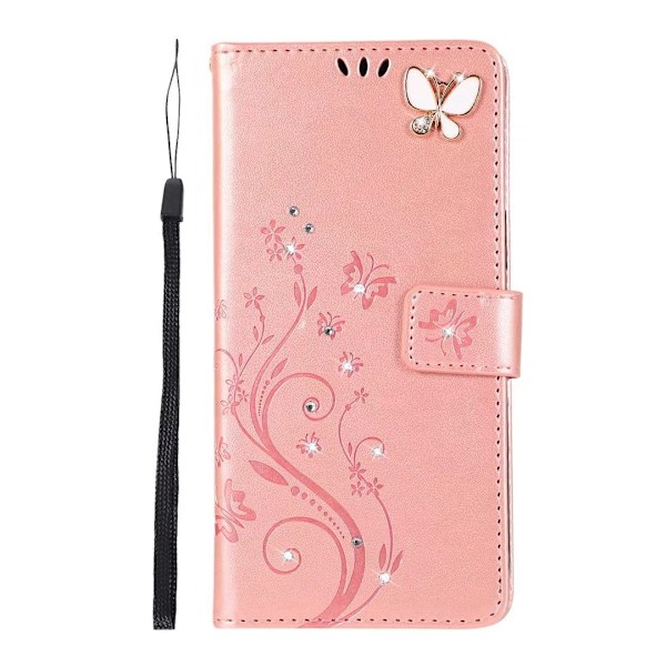 Fodral för iPhone 13 Pro Max Roséguld Fjäril 3D Präglad Diamantplånbok med Korthållare