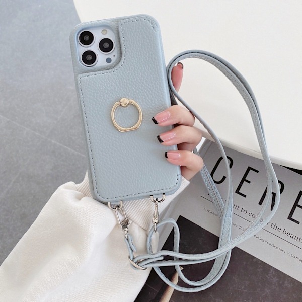 Etui til iPhone 14 Plus/15PLUS Tofoldig sminkespeil gråblå crossbody-snor Pebbled lommebok med kortholder Skjønnhetsspeil Crossbody-stropp